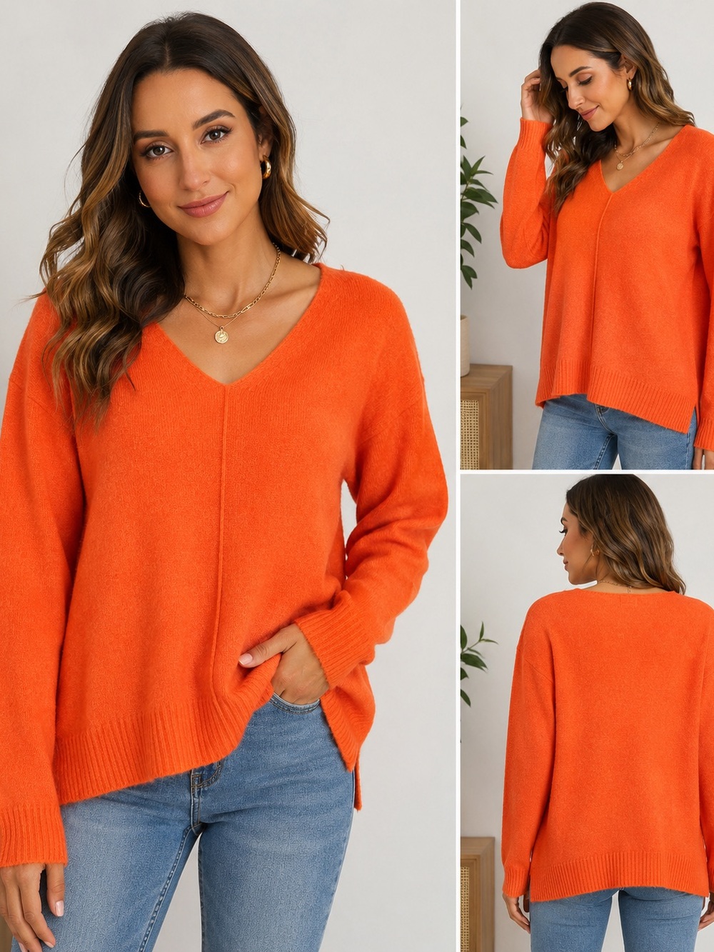 H&M Womens Small Orange V Neck Sweater Fuzzy Soft Knit Oversized Lightweight